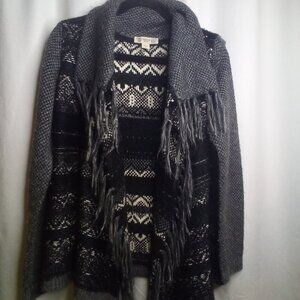 Vintage America Cardigan Sweater M Open Front Fringe Long Sleeve Black White